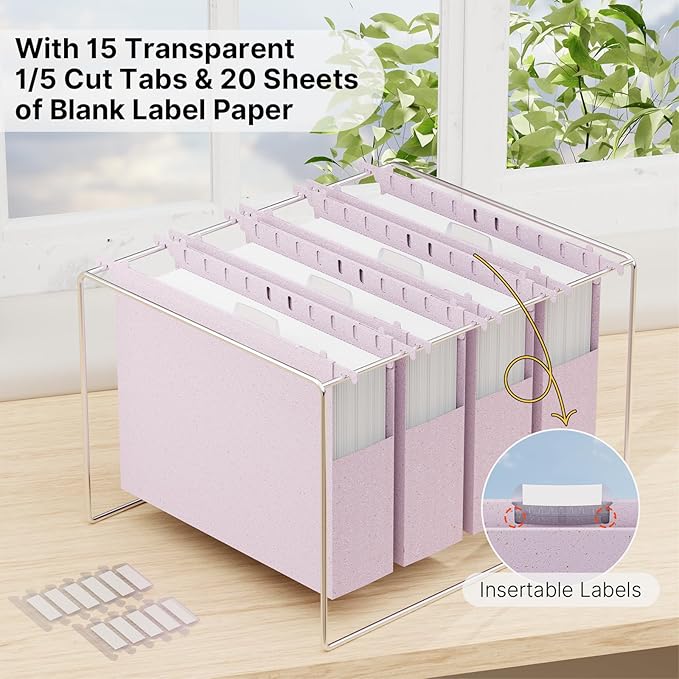 XINGIA Letter Size Hanging File Folders with Tabs,2'' Expansion,12 Pack Heavy Duty Wheat Straw Plastic Hanging Folder,Extra Capacity Filing Cabinet Folders,File Organizer for File Box(Morandi Purple)