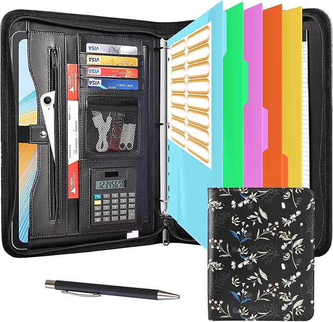 Eshow Portfolio Organizer - 3 Ring Binder with Zipper, Vegan Leather Business Padfolio Folder with Notepad Includes 5 Color Sheet Protectors for Documents Files for Men Women
