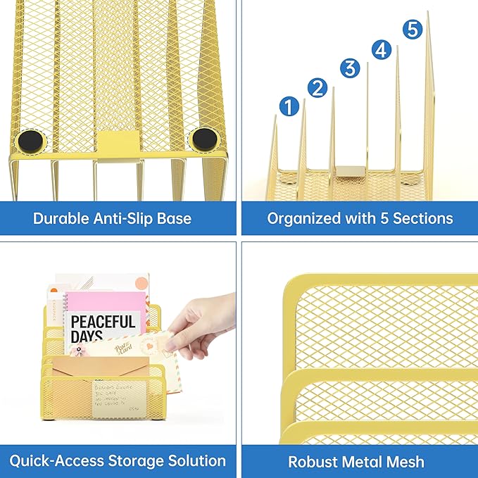 Mail Organizer Countertop with 5 Slot, Metal Mail Holder for Desk, File Holder Letter Sorter for Envelope, Bill and Document (Gold)