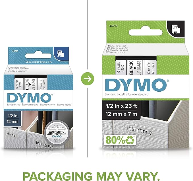 DYMO Authentic D1 Label l DYMO Labels for LabelManager COLORPOP and LabelWriter Duo Label Makers Great for Organization Indoor or Outdoor Use ½” (12mm) Black Print on Clear Tape Water Resistant