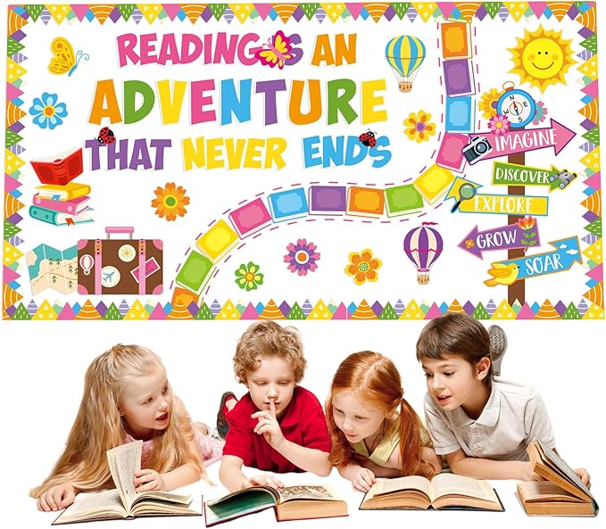 Honoson 55 Pcs Spring Reading Bulletin Board Set Reading is an Adventure Bulletin Boards Colorful Floral Cutouts Decors for Spring Back to School Library Home Chalkboard Wall Decoration (Book)