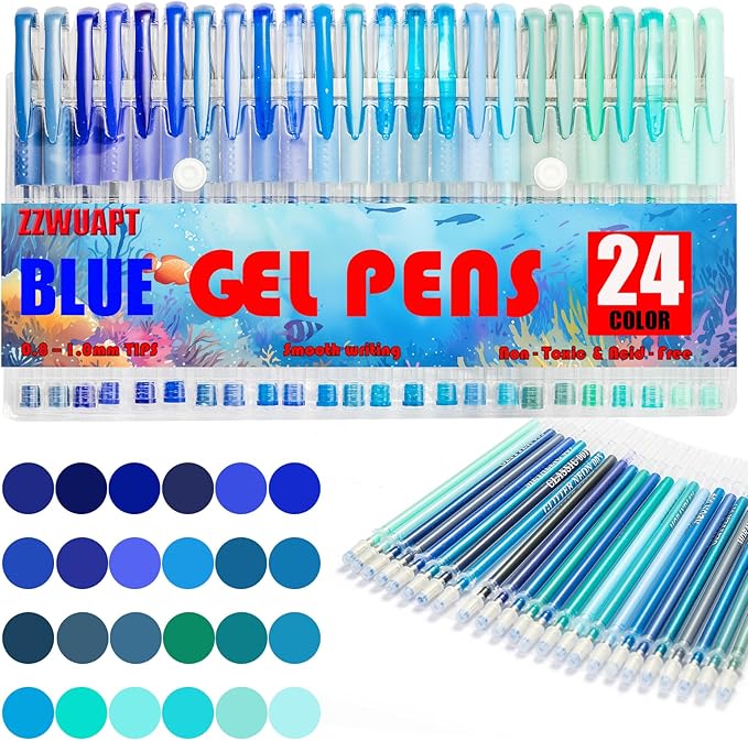 Blue Gel Pens,72 Color Gel Pens Set including 24 Color Gel Pen with 48 Refills,40% More Ink Colored Gel Pens for Adult Drawing, Doodling, Scrapbook, Journaling