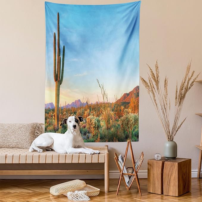 Ambesonne Saguaro Tapestry, Sun Goes down in Desert Prickly Pear Cactus Southwest Texas National Park, Fabric Wall Hanging Decor for Bedroom Living Room Dorm, 23" X 28", Orange and Blue