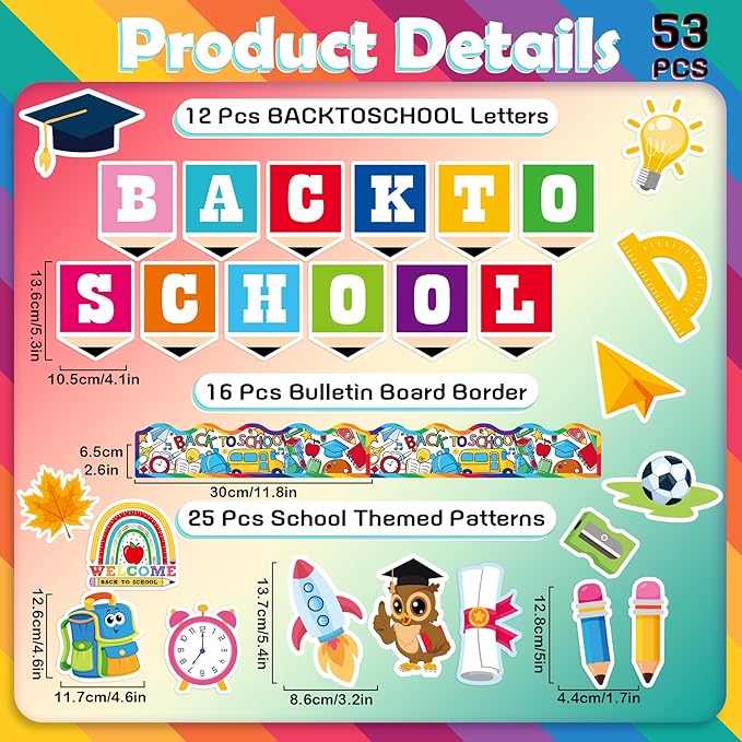 Back to School Decorations for Bulletin Board Set - 53 Pcs Back to School Cutouts First Day of School Themed Bulletin Board Border Wall Decals for Kindergarten Classroom Welcome School Party
