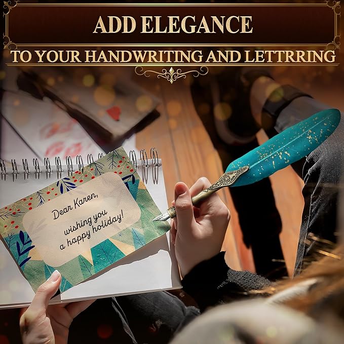 Feather Quill Pen and Ink Set – Stainless Steel Dip Pen Writing Quill and Ink Set with 5 Replacement Nibs, Non-Slip Knurled Grip, Display Stand and Elegant Gift Box – Calligraphy Gift Set (Turquoise)