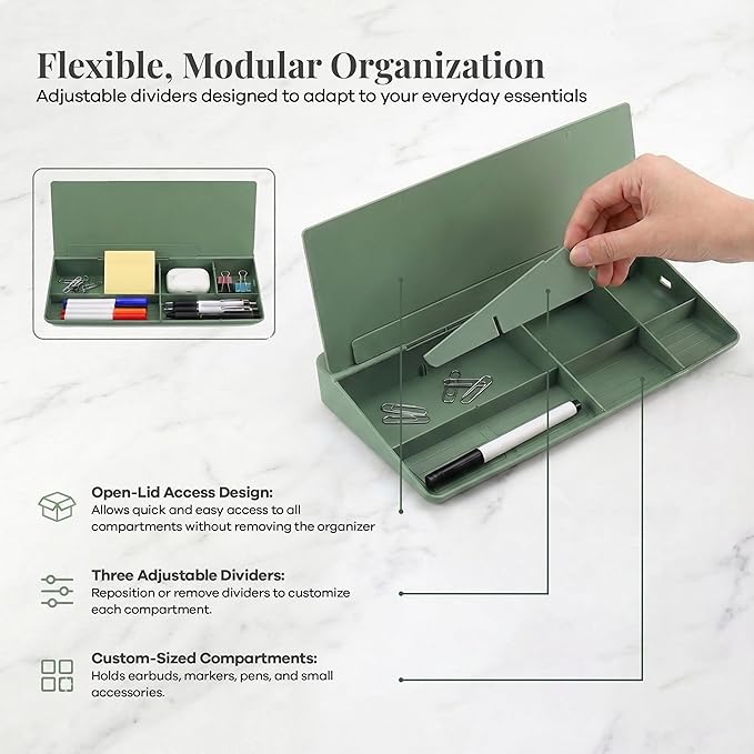 Birch Small Desktop Glass Whiteboard & Magnetic Calendar – Dry Erase Desk Pad Keyboard Stand with Storage, Adjustable Dividers, 3 Markers & Holder – Office, Home & School (Moss)