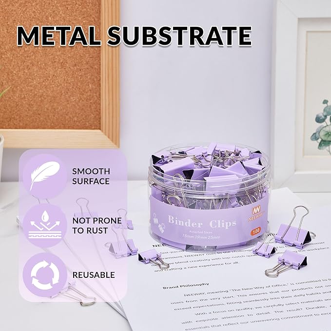 NEEWAY 100 Count Binder Clips Assorted Sizes, Paper Binder Clips (0.6inch 0.75inch 1inch), Metal Paper Clamps for Office and Home (Purple)
