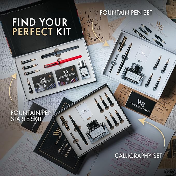 Wordsworth and Black Fountain Pen Set - Grey - Includes 2 Pens, 18 ML Ink Bottle, 60 Ink Cartridges, A Refill Converter, 1 Medium and 4 Broad Nibs, Brush Pen - Fountain Pen Kit for Beginners