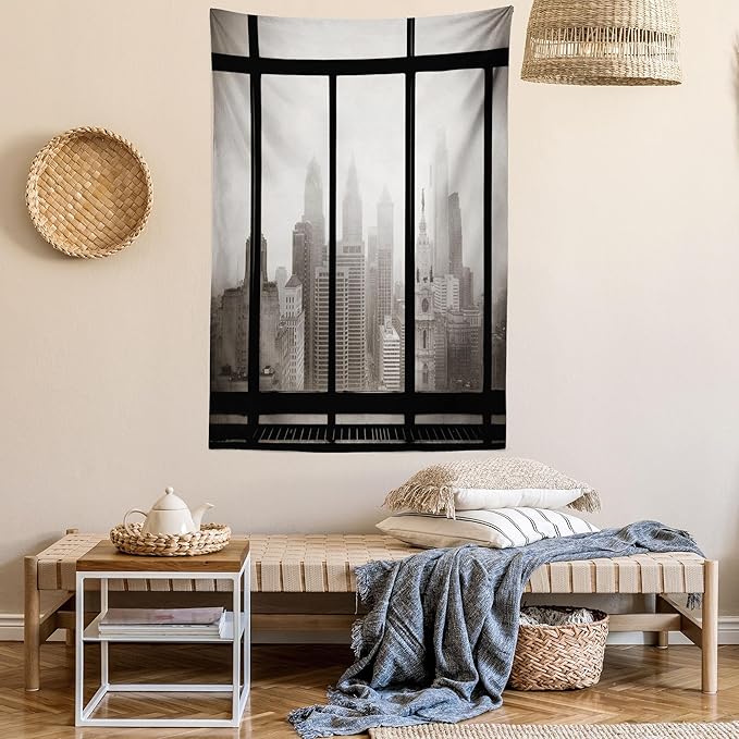 Ambesonne City Tapestry, Philadelphia City Rooftop View Through Window Skyline Landmark Rooftop Travel, Wall Hanging for Bedroom Living Room Dorm Decor, 40" X 60", Grey Black