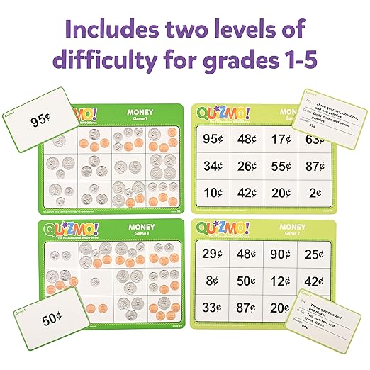 QUIZMO Money - Bingo-Style Money Game - 2 Levels of Difficulty for Ages 7-12 - Teach Basic Coin Recognition and Valuation