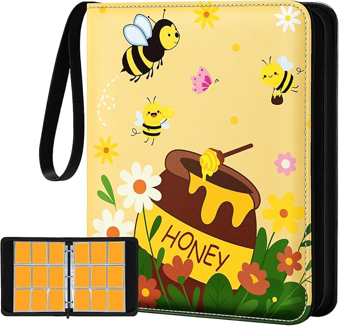 for 9 Pocket Trading Card Binder for 900 Cards - Cute Large Capacity Card Collection Album Folder with Zipper for Women Girls Teens Honey Bee Design for Sports, TCG, Game Cards