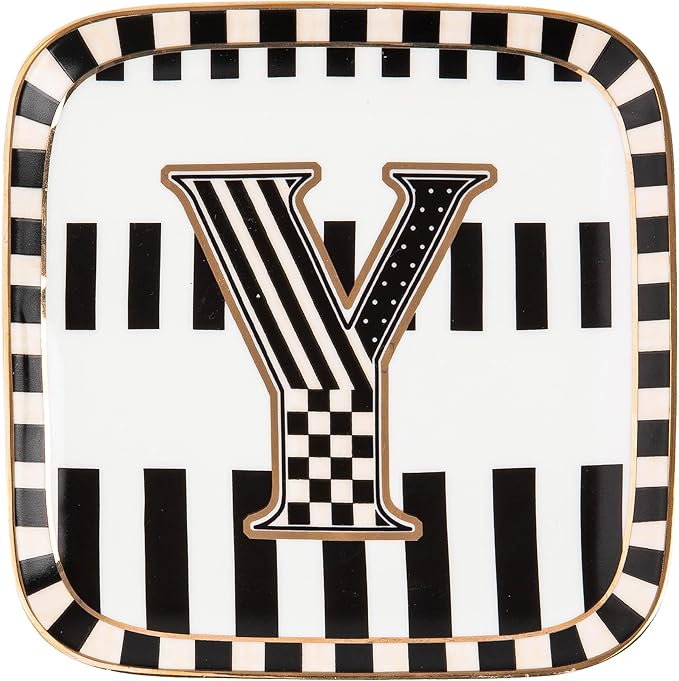 MACKENZIE-CHILDS Monogram Dish, Decorative Ceramic Letter Plate, 5 3/4" Square, Y