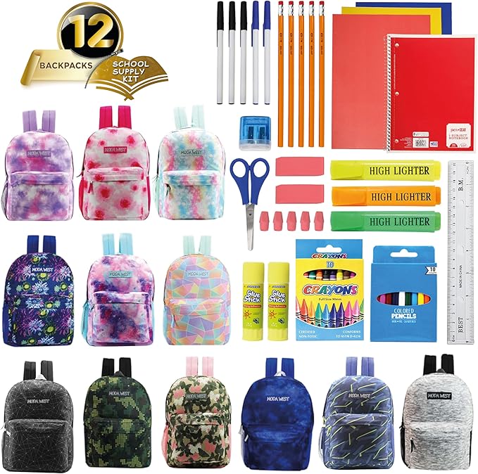 12-Pack 17” Sport Backpacks with 50 Piece School Supplies Kits - Pens, Pencils, Crayons – Bulk Bundle for Elementary, Middle, and High School Students, 12 Assorted Styles