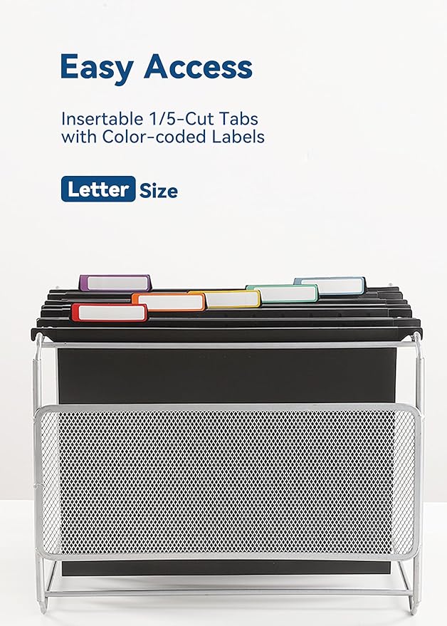 Plastic Hanging File Folders, Sturdy & Tear-Resistant, Letter Size, 12 Pack with Insertable 1/5-Cut Tabs, Black