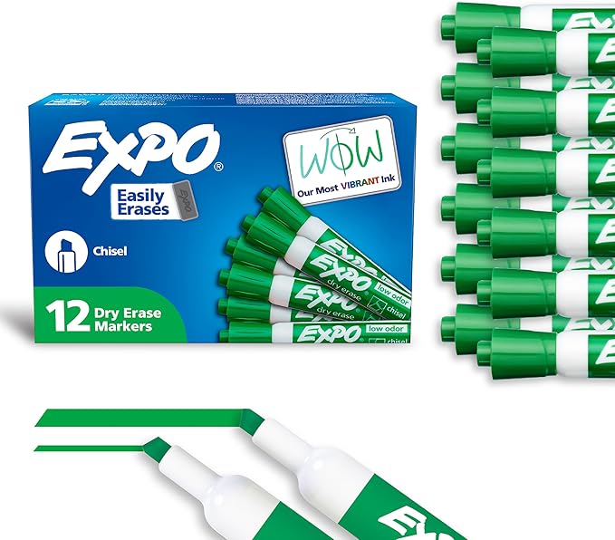 EXPO Low Odor Dry Erase Markers Chisel Tip Green 12 Count