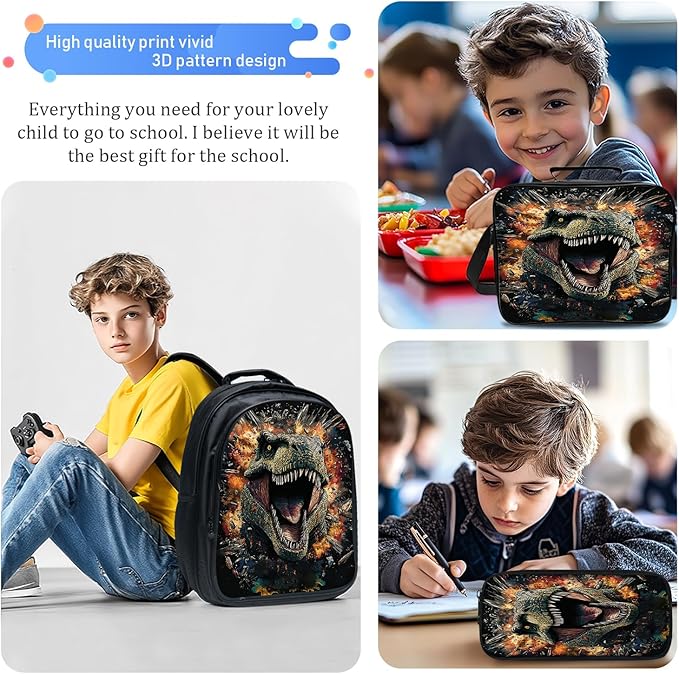 Dinosaur Backpack Set 3 Piece School Bags and Lunch Box with Pencil Case Black Dino Cool Bookbag Set for Toddler Kids Girls Boys Teens Kindergarten Elementary Middle