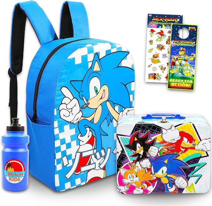 Sonic the Hedgehog Backpack with Lunch Box Set - Bundle with 16” School Bag, Lunch Tin with Puzzle, Water Bottle, Stickers, and More | Sonic Backpack and Lunchbox
