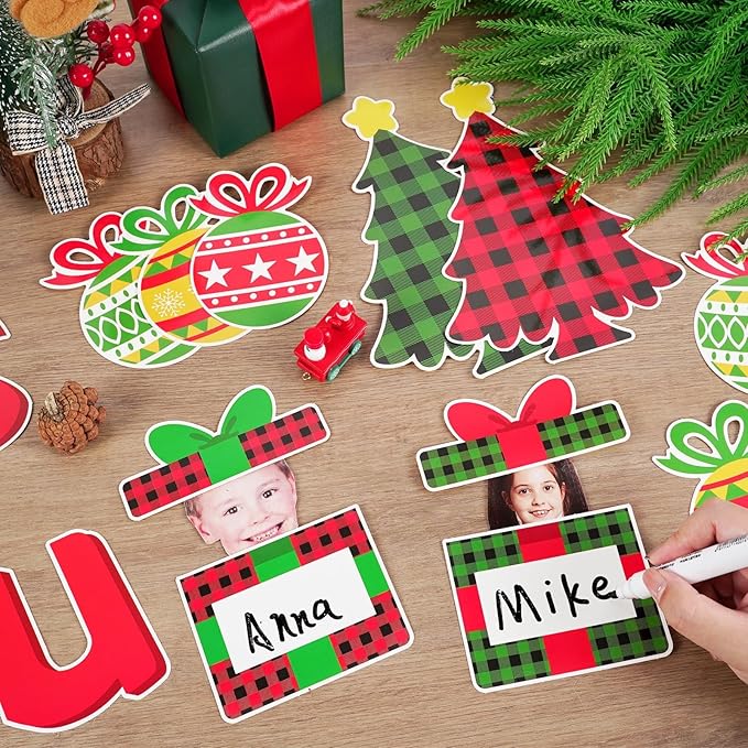 Christmas Bulletin Board Decoration Set Xmas Gift Boxes Cutouts Classroom Decoration Xmas DIY Photo Craft Cutouts Christmas Tree Bulletin Boards for Holiday School Class Chalkboard Wall Decor Supplies