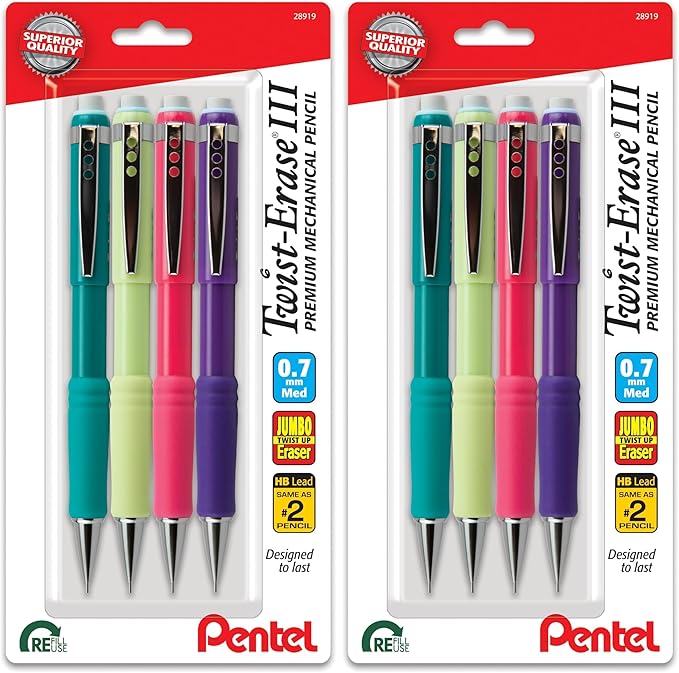 Pentel Twist-Erase III Mechanical Pencil, (0.7mm), Medium Line, Assorted Fashion Color Barrels, (QE517FBP4M),4 Count (Pack of 2)