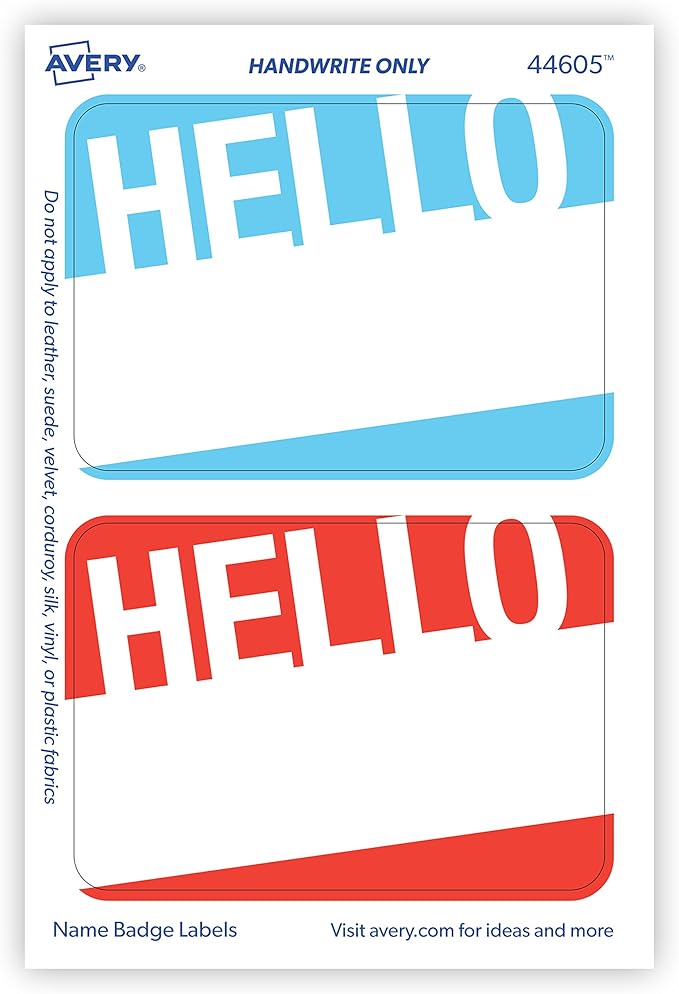Avery Premium Name Tags, Hello, Blue and Red, No Lift No Curl, 36 Handwriteable Name Stickers