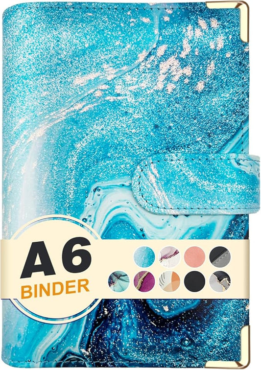 A6 Refillable 6 Ring Faux Leather Budget Binder,Mini Notebook Binder Cover for A6 Filler Paper,Loose Leaf Personal Planner Cover with Magnetic Buckle Closure (Marble Blue)