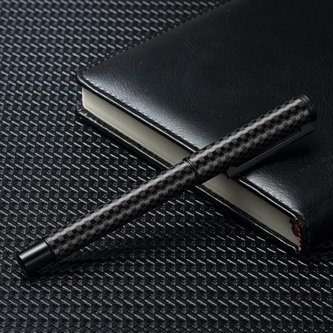 Hongdian Black Carbon Fiber Fountain Pen Extra Fine Nib Elegant Design Smooth Writer with Refillable Converter and Metal Pen Case Set