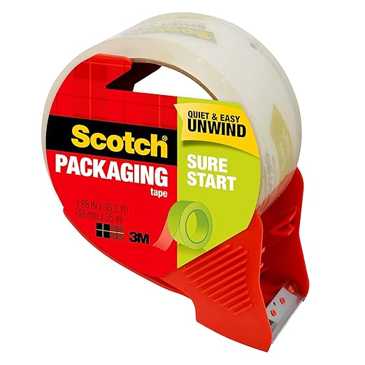 Scotch Sure Start Shipping Packaging Tape, 1.88" x 38.2 yd, Designed for Packing, Shipping and Mailing, Quiet Unwind, No Splitting or Tearing, 1.5" Core, Clear, 1 Dispensered Roll (Pack of 2)