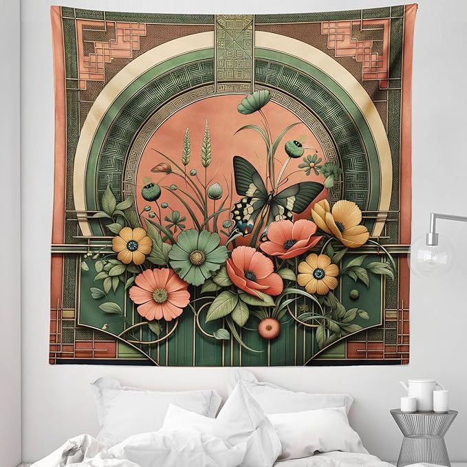 Ambesonne Boho Tapestry Queen Size, Traditional Japanese Ornaments with Floral Balcony with Butterfly Spring, Wall Hanging Bedspread Bed Cover Wall Decor, 88" X 88", Dark Salmon Laurel Green