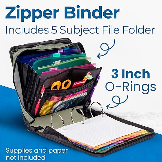 Case-it Mighty Zip Tab School Zipper Binder, 3-Inch O-Rings, 600-Sheet Capacity, 5-Subject Expanding File Folder, Multiple Pockets & Storage Organizer, Shoulder Strap, D-146 Fun Flowers (Pack of 6)