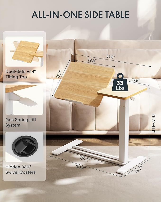 FLEXISPOT Adjustable Height C-Shaped End Table with Split Tilting Top – Mobile Side Table for Sofa & Bedside, Slides Under Furniture, Hidden Wheels for Small Spaces(31.6" W x 15.7" D,Maple)