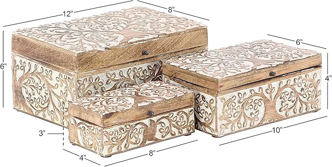 Deco 79 Mango Wood Floral Decorative Box Decorative Keepsake Boxes with Hinged Lid, Set of 3 Storage Boxes 8", 10", 12"W, Brown