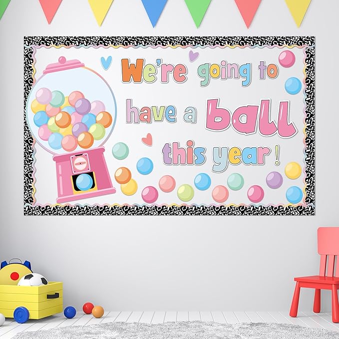 Gumball Machine Bulletin Board Decorations Set Pastel Bubble Gumballs Motivational Cutout with Composition Notebook Borders for Back to School Welcome Candy Theme Classroom Learning Activities Decor