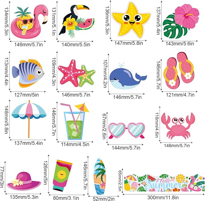 73 Pcs Hello Summer Cutouts for Bulletin Board Decorations - Hawaiian Tropical Paper CutOuts Summer Pool Beach Bulletin Board Border Wall Decals for Kids Teacher Supplies Classroom School Kindergarten