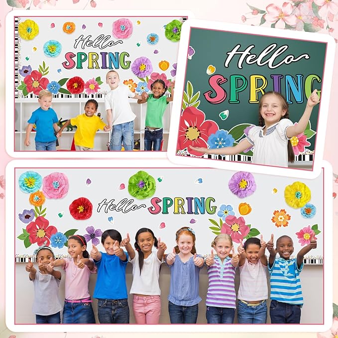 62 Pcs Hello Spring Bulletin Board Sets Spring Flower Classroom Decoration 3D Floral Bulletin Board Flower Cutouts for Classroom Chalkboard Wall Decor