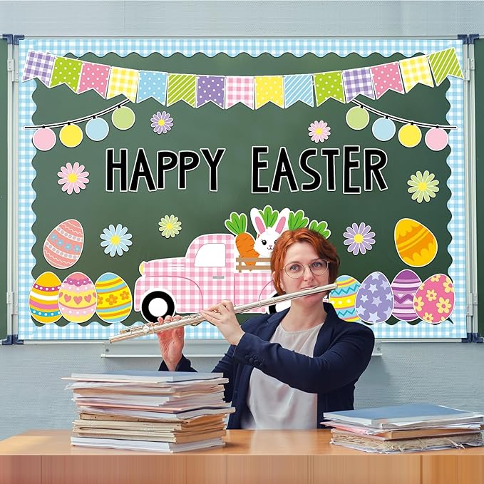 ZOiiWA 104 Pcs Easter Classroom Bulletin Board Decoration Happy Easter Bulletin Board Set Easter Truck Bulletin Board Set Easter Bunny and Eggs Cutouts for School Blackboard Nursery Home Wall Decor