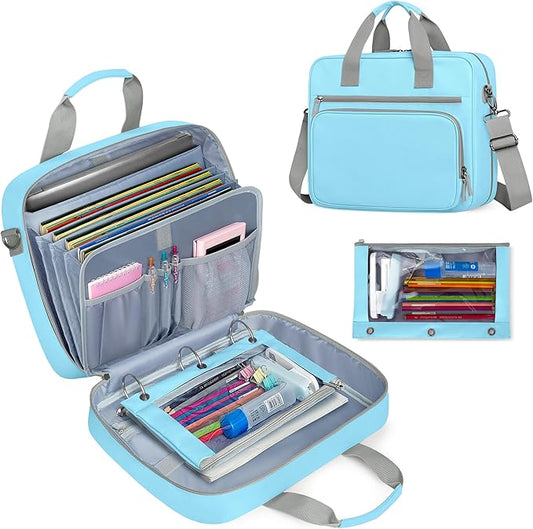 Yarwo 3 Ring Zipper Binder with Binder Pouch, Expanding File Organizer with Padded Sleeve Fit for 14 Inch Laptop, Portable Document Organizer Bag for Home, College, Office Supplies, Blue
