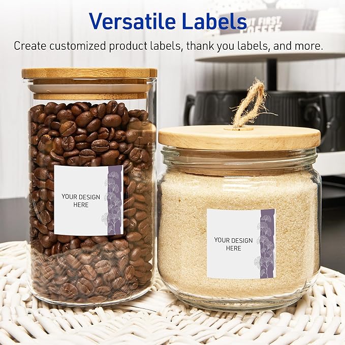 Avery Printable Square Labels with Sure Feed Technology, Pre-Printed Purple and Silver Gingko Leaves Design, Matte White, 2" x 2", Laser & Inkjet Compatible, 120 Total