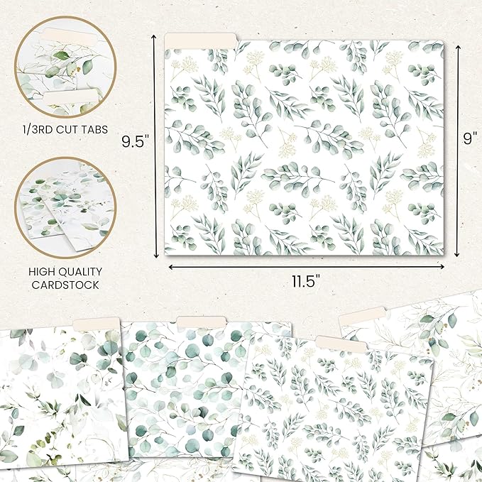 Bloom Daily Planners Decorative File Folders - Set of Twelve Letter Size (8.5” x 11”) Organizers, 1/3 Cut Tabs - Assorted Designs - Eucalyptus, 12-Pack