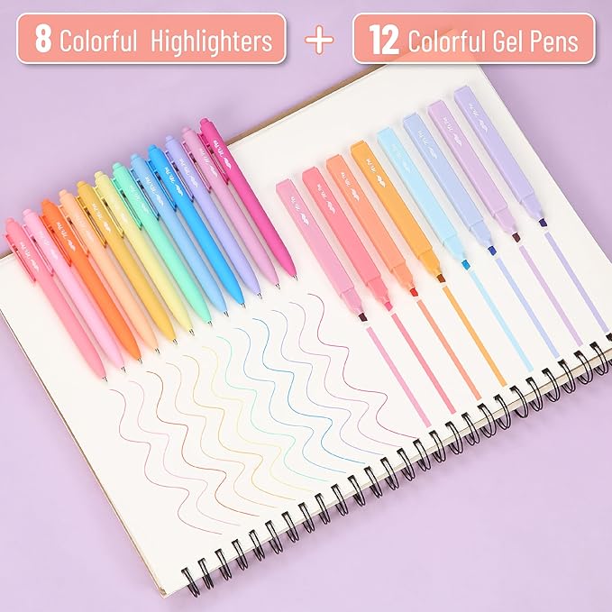 Mr. Pen- Aesthetic Highlighters and Gel Pens, 20 Pack, 8 Pastel Highlighters No Bleed & 12 Colorful Ink 0.7mm Aesthetic Gel Pens