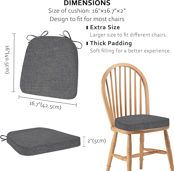 ELFJOY Chair Cushions for Dining Chairs Non Slip Chair Pads Set of 4 Seat Cushions with Ties Indoor 16.7" x 16" Darkgrey