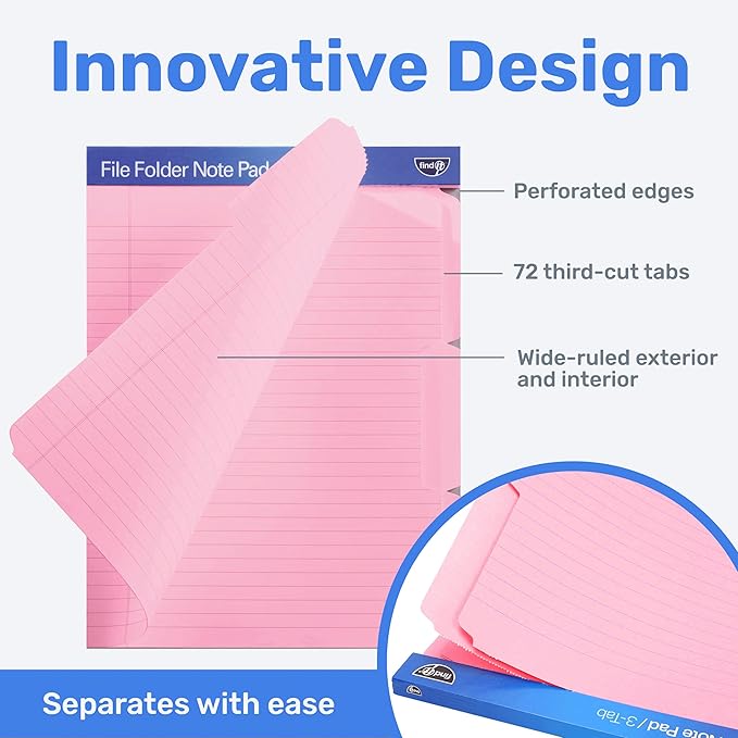 Find It File Folder Notepad - Pack of 72-9.5 x 12.5 Inch Notebook Organizer Folders for Filing, Document, and Clipboard Organization - Pink