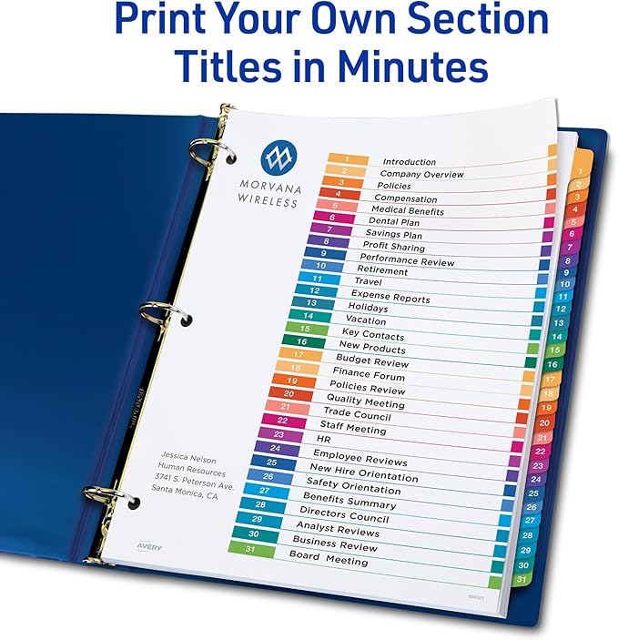 Avery 1-31 Dividers for 3 Ring Binders, 31 Tabs per Set, Customizable Table of Contents, Multicolor Tabs, Great for Organizing Reports, Projects, and More (3 Sets of 44129)