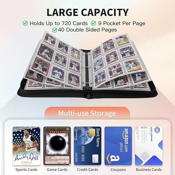 Trading Card Binder, Premium 9 Pocket 720 Double Sided Pocket Collection Binde,Card Album for TCG Card Holder for Game Card, Sports Card, Yugioh, MTG etc(Black 2)