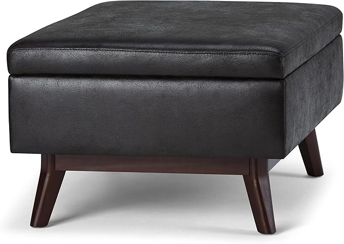 SIMPLIHOME Owen Coffee Table Storage Ottoman - 34 inch Wide Upholstered Vegan Leather Rectangular Lift-Top Ottoman in Distressed Black, Mid-Century Modern Bench for Living Room with Tapered Legs