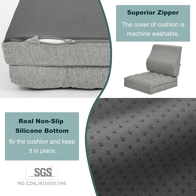 baibu Memory Foam Recliner Cushions with Lumbar Support Pillow Set for Elderly, 20x20x5 Inch Dual-Layer Design Non-Slip Recliner Seat Cushion & Back Support Pillow for Reduce Hip & Lumbar Pain, Grey