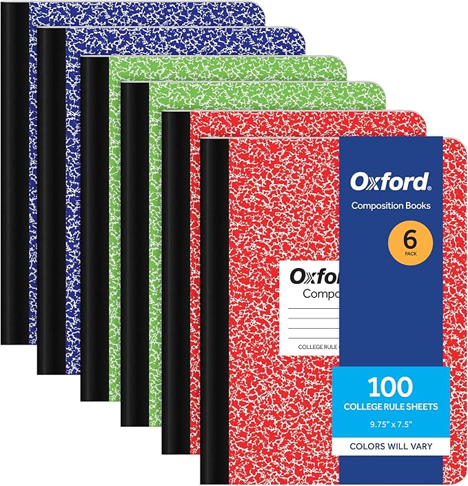Oxford Composition Notebook 6 Pack, College Ruled Paper, 9-3/4 x 7-1/2 Inches, 100 Sheets, Assorted Marble Covers. 2 Each: Blue, Green, Red (63763)