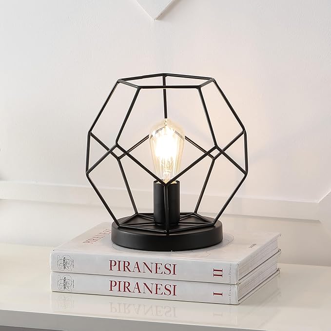 JONATHAN Y 10" Black Geometric Table Lamp, Midcentury Modern Metal Desk Lamp for Living Room Bedroom, White Marble Base, Glam Bedside Nightstand Light with LED Bulb (JYL1047B)