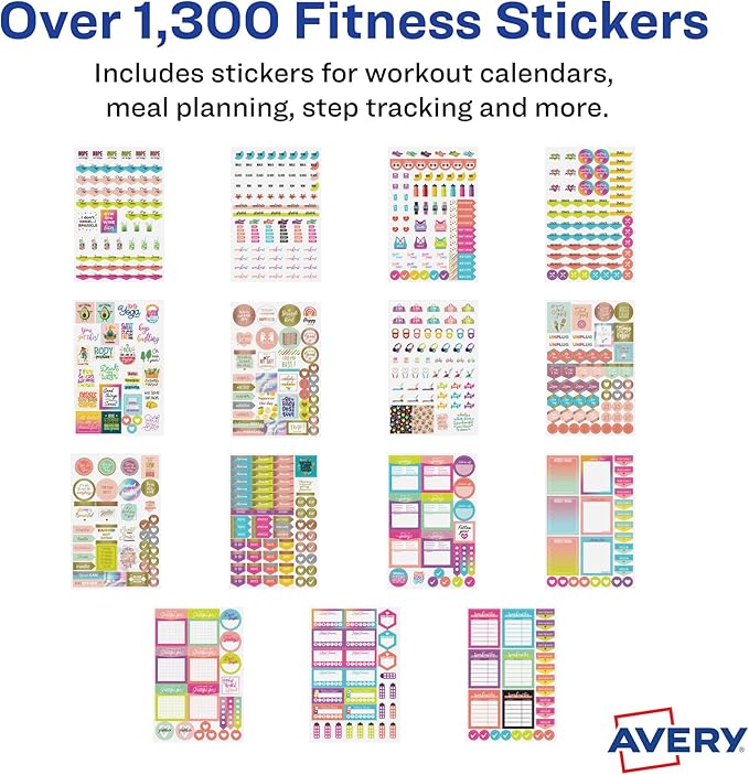 Avery Fitness Planner Stickers Pack, 30 Sheets, Health and Fitness, 1,362 Stickers for Your Planner, Journal or Calendar (6787)