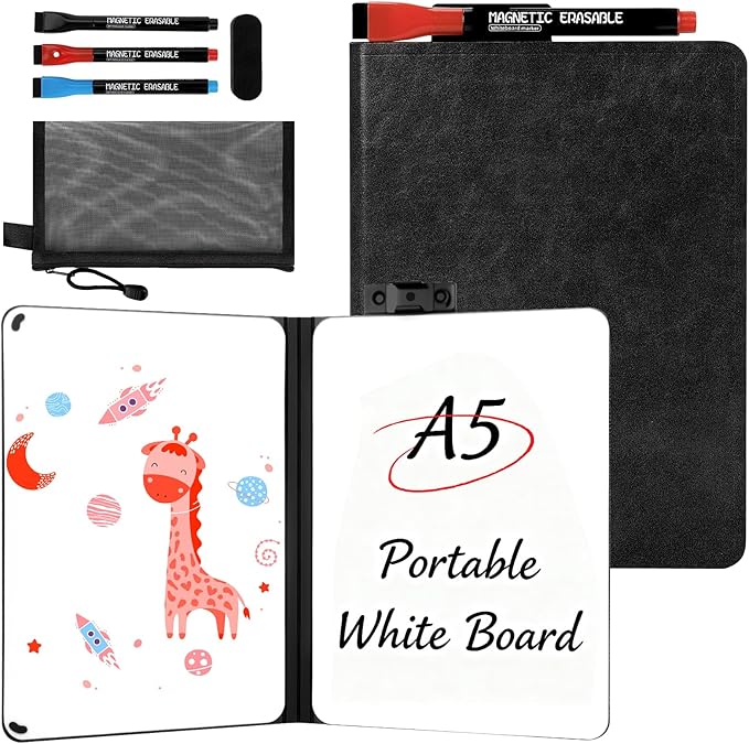 8.4" x 6" Portable White Board Dry Erase Notebook, PU Leather Shell Double Sided Folding Whiteboards with 3 Pens, Small Travel Dry Erase Board for Study, Meeting, Planning,doodling,Gift for Child