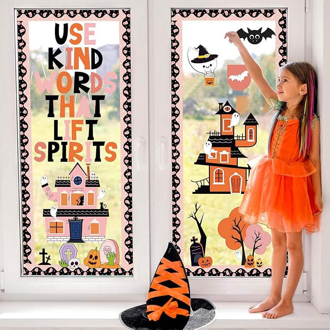 ojustbeok Halloween Bulletin Board Decorations Halloween Kind Classroom Cutouts Trick Treat Pumpkin Bat Ghost Castle Paper Decors for Holiday School Classroom Chalkboard Wall Decor Teacher Supplies